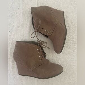 Faux Suede Closed Toe, Wedged Heel, Ankle Booties